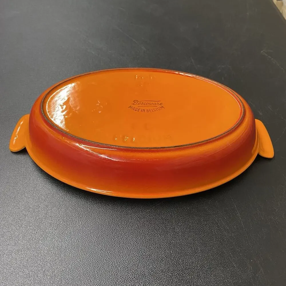 Vintage Descoware #26 Orange Flame Cast Iron Enamel Oval Au Gratin Baking Dish